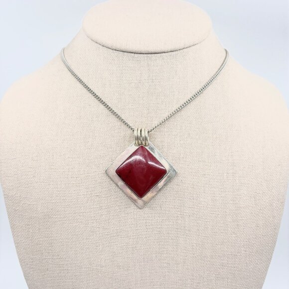 Jasper Bezel Set Pendant Necklace VTG Sterling Silver 925 Size 24